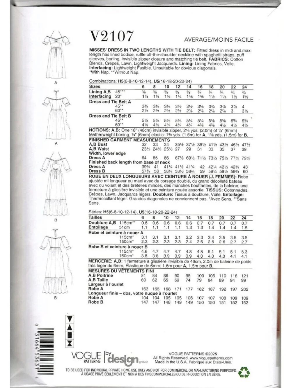 Vogue V2107 Misses 6 to 14 Off-Shoulder Midi and Maxi Dress Uncut Sewing Pattern